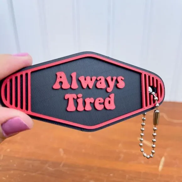 Retro Motel Keychain, Always Tired, Ballchain Keychain, Red and Black - Picture 2 of 6